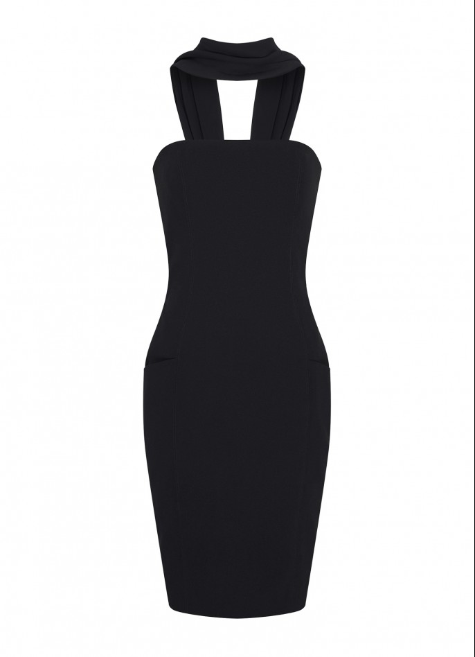 BLACK HALTERNECK STRETCH CREPE DRESS